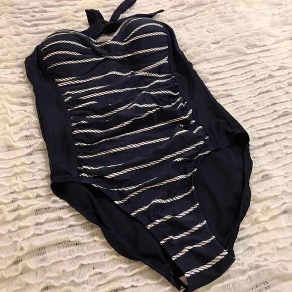 MERONA one piece swimsuit navy blue nautical stripe rope halter beach small - Picture 2 of 8
